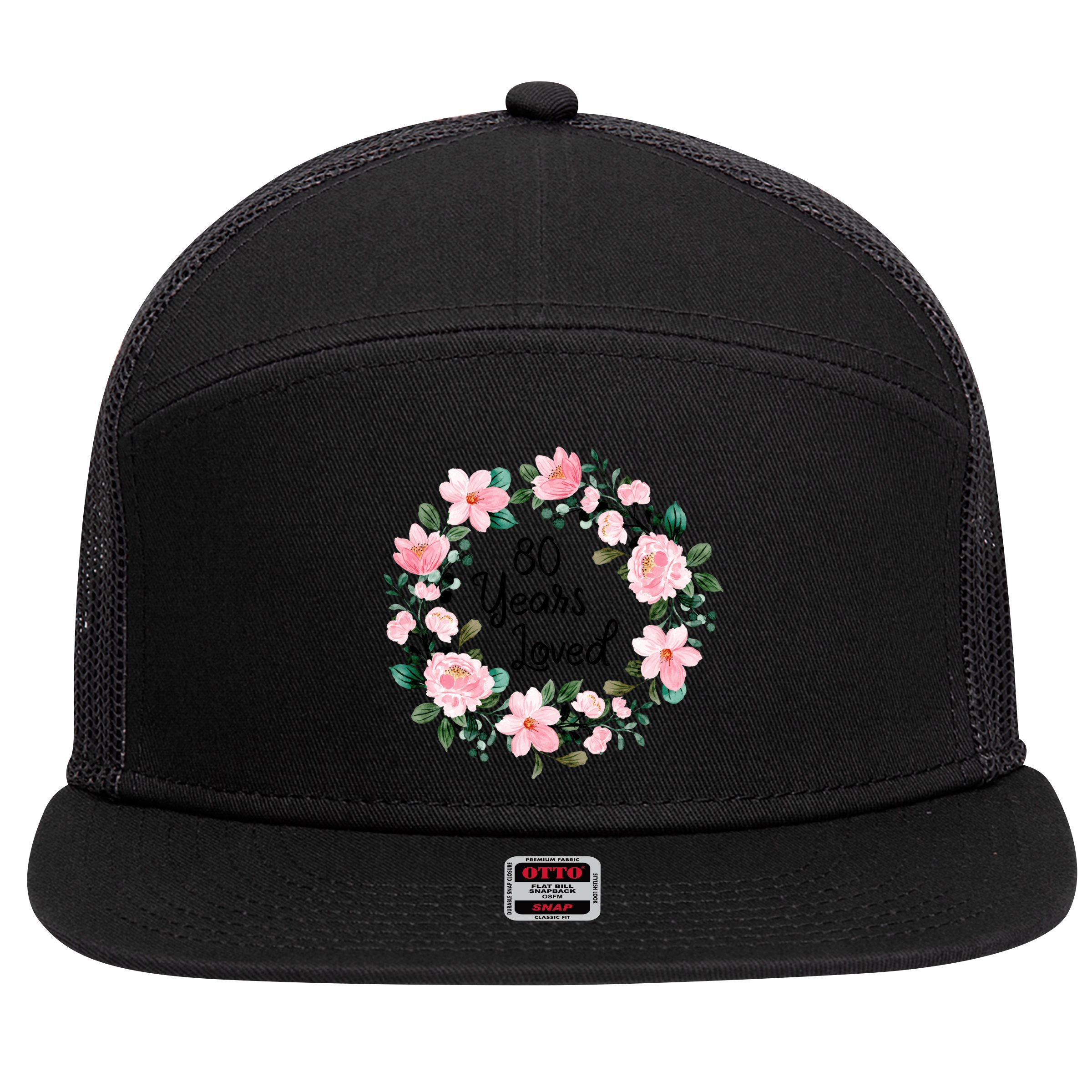 80 Years Loved 80 Years Old Floral 80th Birthday 7 Panel Mesh Trucker Snapback Hat