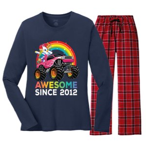 8 Years Old 8th Birthday Monster Truck Unicorns Gift Women's Long Sleeve Flannel Pajama Set 