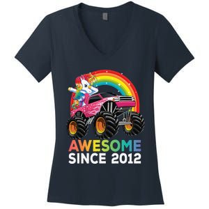 8 Years Old 8th Birthday Monster Truck Unicorns Gift Women's V-Neck T-Shirt