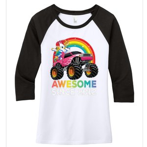 8 Years Old 8th Birthday Monster Truck Unicorns Gift Women's Tri-Blend 3/4-Sleeve Raglan Shirt