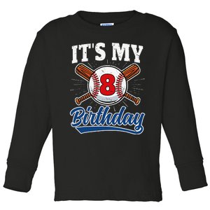 8 Years Old Baseball Player 8th Birthday Party Toddler Long Sleeve Shirt