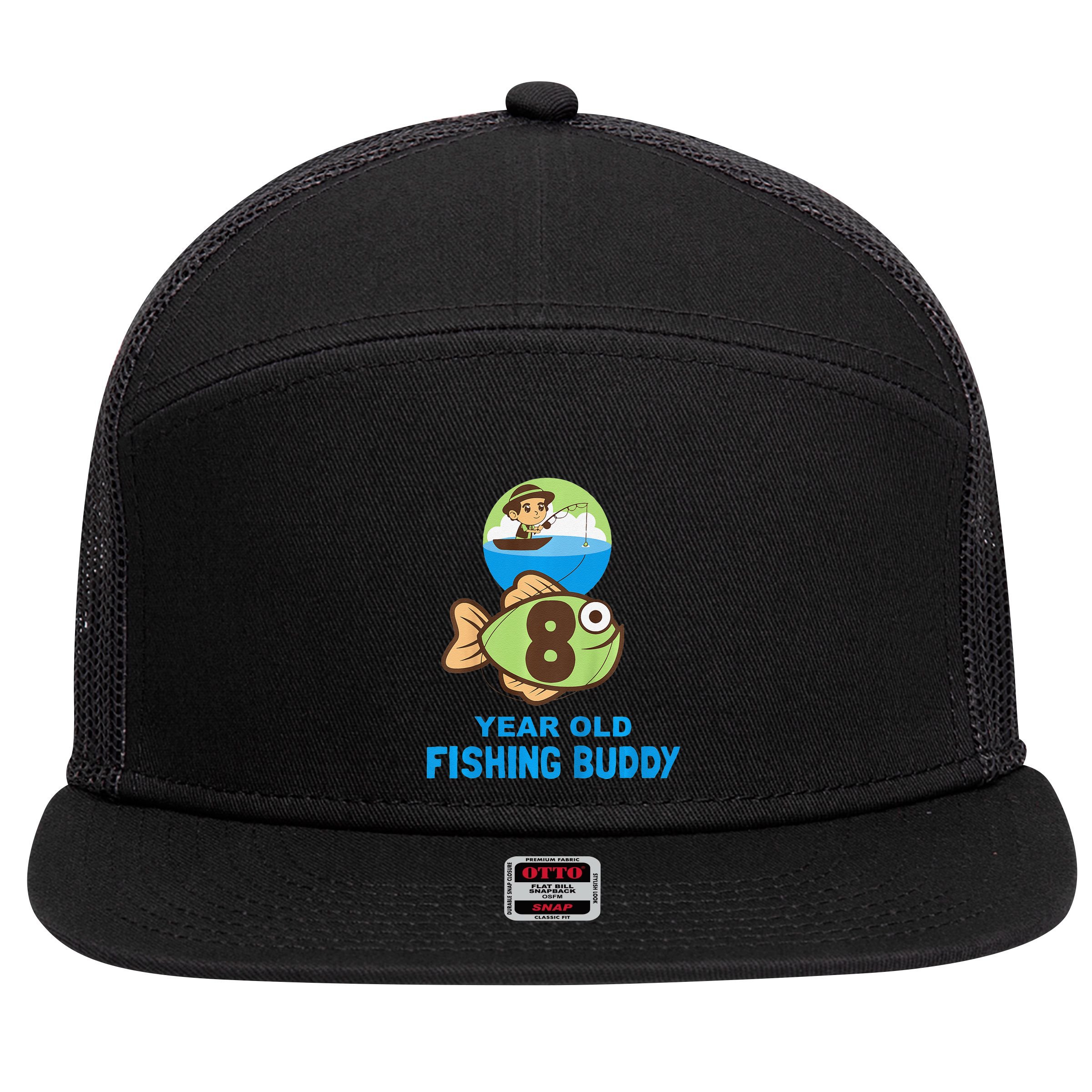 8 Year Old Fishing Buddy Birthday Party 7 Panel Mesh Trucker Snapback Hat