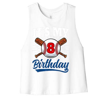 8 Years Old Baseball Player 8th Birthday Party Women's Racerback Cropped Tank