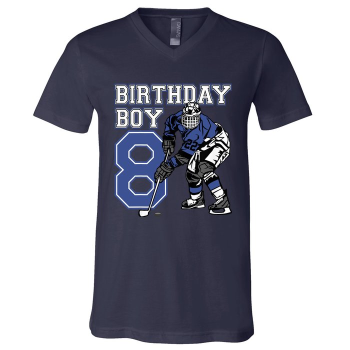 8 Year Old Ice Hockey Themed Birthday Party 8th Boy Gift V-Neck T-Shirt