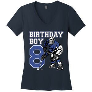 8 Year Old Ice Hockey Themed Birthday Party 8th Boy Gift Women's V-Neck T-Shirt