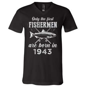 80 Year Old Fisherman Fishing Born In 1943 80th Birthday V-Neck T-Shirt