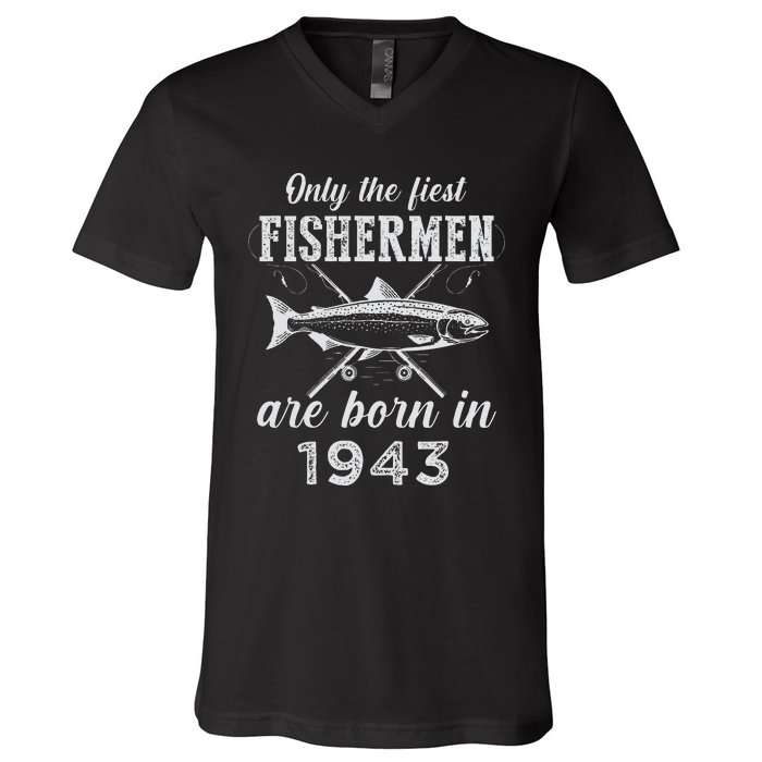 80 Year Old Fisherman Fishing Born In 1943 80th Birthday V-Neck T-Shirt