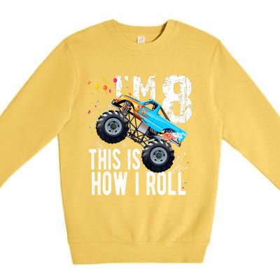 8 Year Old Gift Cool 8th Birthday Boy Gift For Monster Truck Car Lovers Premium Crewneck Sweatshirt