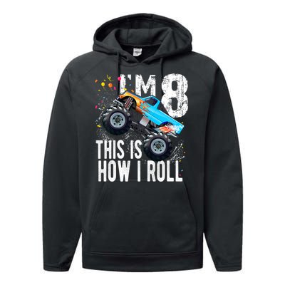 8 Year Old Gift Cool 8th Birthday Boy Gift For Monster Truck Car Lovers Performance Fleece Hoodie