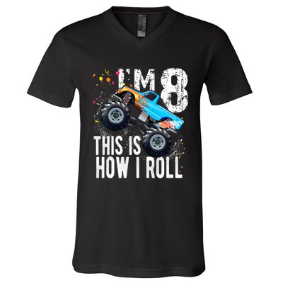 8 Year Old Gift Cool 8th Birthday Boy Gift For Monster Truck Car Lovers V-Neck T-Shirt