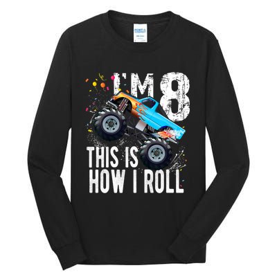 8 Year Old Gift Cool 8th Birthday Boy Gift For Monster Truck Car Lovers Tall Long Sleeve T-Shirt