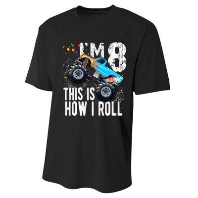 8 Year Old Gift Cool 8th Birthday Boy Gift For Monster Truck Car Lovers Performance Sprint T-Shirt