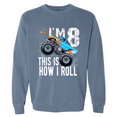 8 Year Old Gift Cool 8th Birthday Boy Gift For Monster Truck Car Lovers Garment-Dyed Sweatshirt