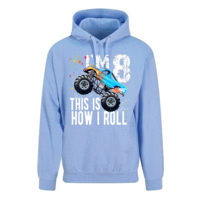 8 Year Old Gift Cool 8th Birthday Boy Gift For Monster Truck Car Lovers Unisex Surf Hoodie