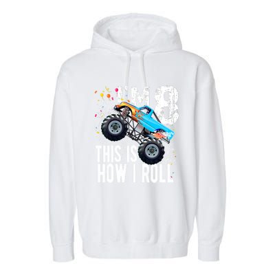 8 Year Old Gift Cool 8th Birthday Boy Gift For Monster Truck Car Lovers Garment-Dyed Fleece Hoodie