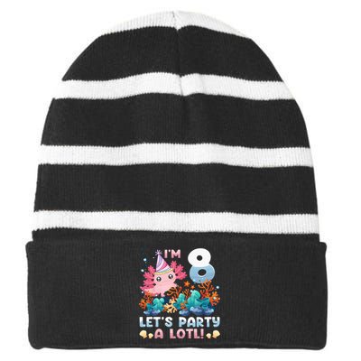 8 Year Old Axolotl Lover 8th Birthday Gift Striped Beanie with Solid Band