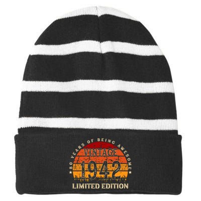 80 Year Old Gifts Retro Vintage 1942 Limited Edition 80th Birthday Striped Beanie with Solid Band