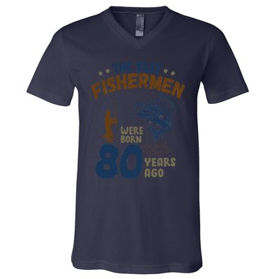 80 Year Old Fishing Fishermen Gifts For Birthday Gift V-Neck T-Shirt