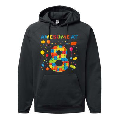 8 Year Old Building Blocks Birthday 8 Performance Fleece Hoodie