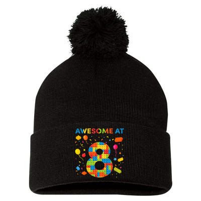 8 Year Old Building Blocks Birthday 8 Pom Pom 12in Knit Beanie