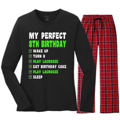 8 Year Old Perfect 8th Birthday Lacrosse 8th Birthday Women's Long Sleeve Flannel Pajama Set 