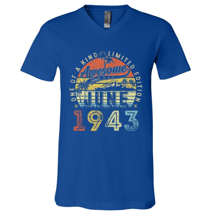 80 Year Old Awesome Since June 1943 80th Birthday V-Neck T-Shirt