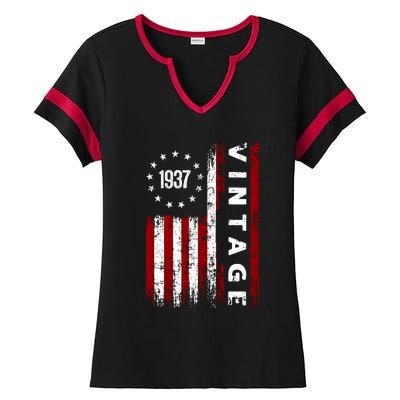 85 Years Old Vintage American Flag 1937 Ladies Halftime Notch Neck Tee