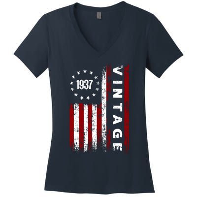 85 Years Old Vintage American Flag 1937 Women's V-Neck T-Shirt