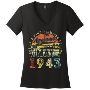 80 Year Old Awesome Since May 1943 80th Birthday Women's V-Neck T-Shirt