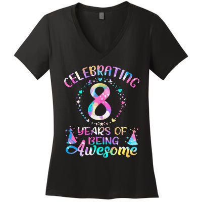 8 Years of Being Awesome 8 Years Old 8th Birthday Tie Dye Women's V-Neck T-Shirt