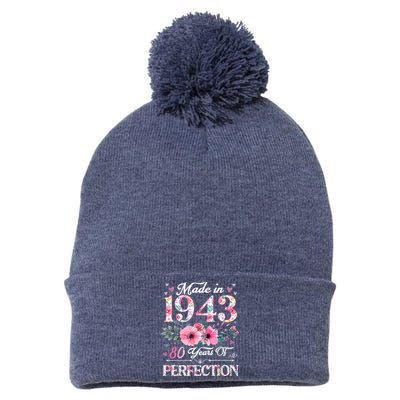 80 Year Old Made In 1943 Floral 80th Birthday Gifts Pom Pom 12in Knit Beanie