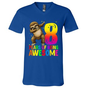 8 Years Old Birthday Sloth Dabbing 8th Birthday Sloth V-Neck T-Shirt