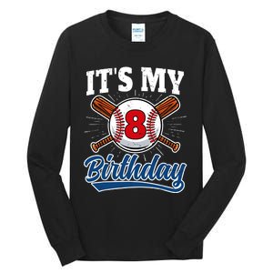 8 Years Old Baseball Player 8th Birthday Party Tall Long Sleeve T-Shirt