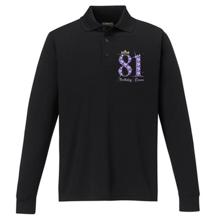 81 Year Old Its My 81st Birthday Queen Diamond Heels Crown Performance Long Sleeve Polo