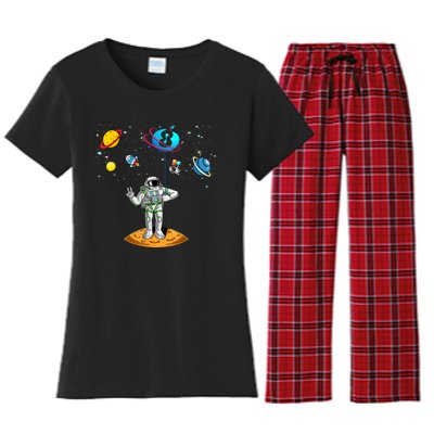 8 Years Old Birthday Boy 8th Space Planets Astronaut Gift Women's Flannel Pajama Set