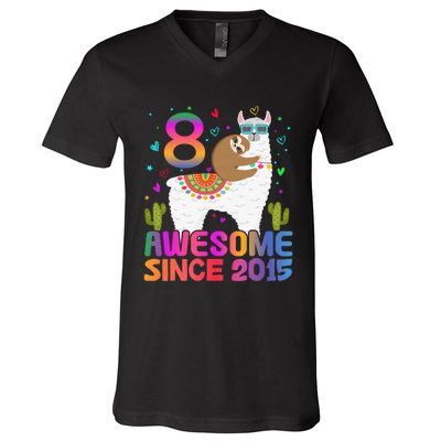 8 Year Old Awesome Since 2015 8th Birthday Teens Girls V-Neck T-Shirt