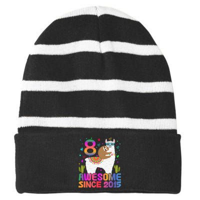 8 Year Old Awesome Since 2015 8th Birthday Teens Girls Striped Beanie with Solid Band