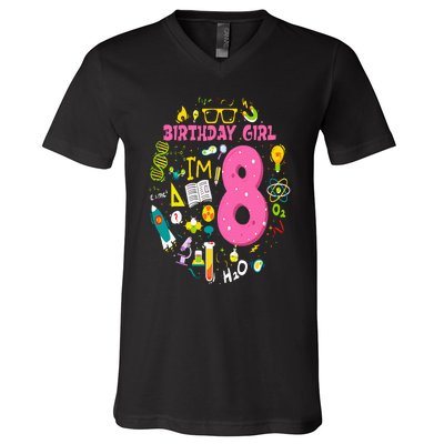 8 Year Old Girl Scientist 8th Birthday Science V-Neck T-Shirt