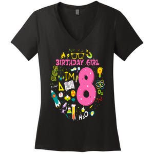 8 Year Old Girl Scientist 8th Birthday Science Women's V-Neck T-Shirt