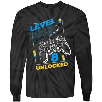 8 Year Old Gamer Gaming 8th Birthday Level 8 Unlocked Tie-Dye Long Sleeve Shirt