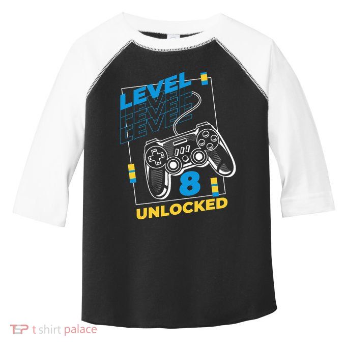 8 Year Old Gamer Gaming 8th Birthday Level 8 Unlocked Toddler Fine Jersey T-Shirt