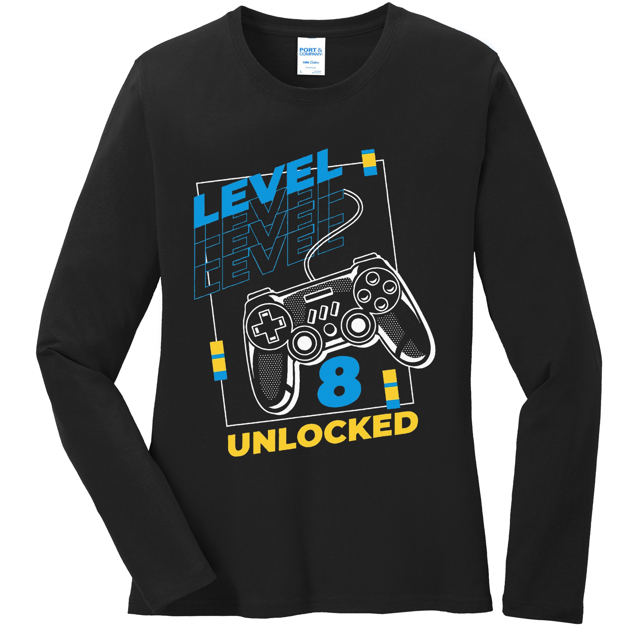 8 Year Old Gamer Gaming 8th Birthday Level 8 Unlocked Ladies Long Sleeve Shirt