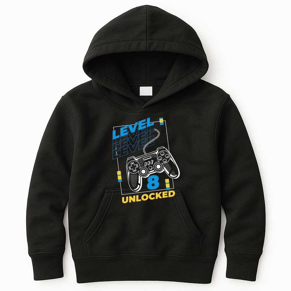 8 Year Old Gamer Gaming 8th Birthday Level 8 Unlocked Kids Hoodie