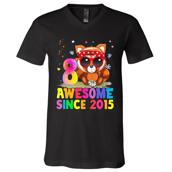 8 Years Old 8th Birthday Red Panda Awesome Since 2015 V-Neck T-Shirt