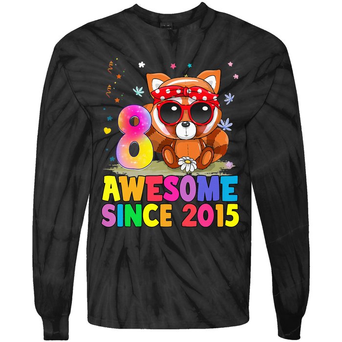 8 Years Old 8th Birthday Red Panda Awesome Since 2015 Tie-Dye Long Sleeve Shirt