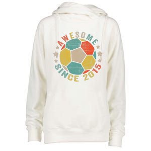 8 Year Old Awesome Since 2015 8th Birthday Soccer Player Womens Funnel Neck Pullover Hood