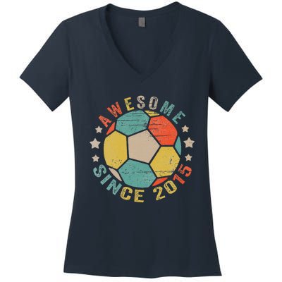 8 Year Old Awesome Since 2015 8th Birthday Soccer Player Women's V-Neck T-Shirt