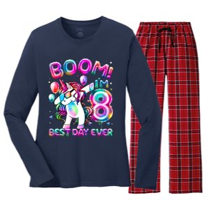 8 Years Old Dabbing Unicorn Gifts 8th Birthday Party Women's Long Sleeve Flannel Pajama Set 