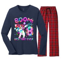 8 Years Old Dabbing Unicorn Gifts 8th Birthday Party Women's Long Sleeve Flannel Pajama Set 