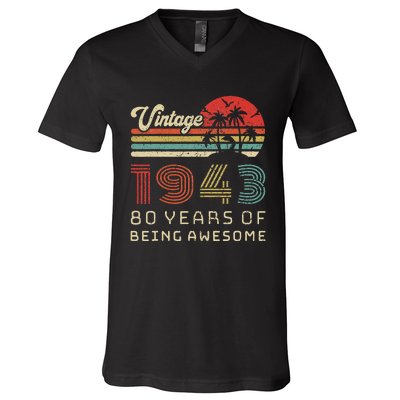 80 Year Old Birthday Vintage 1943 80th Birthday V-Neck T-Shirt